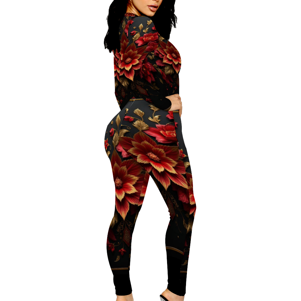 SHUS Brand Luxury Women's Sexy Front Zip Bodysuit Long Sleeve Jumpsuit