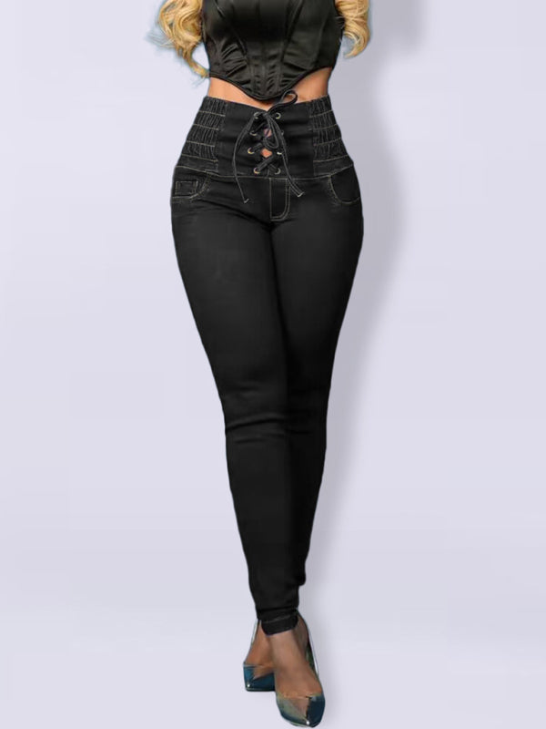 High-waisted slimming butt-lifting strappy slim-fitting jeans