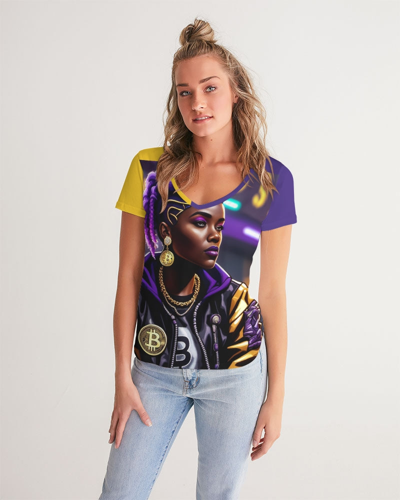 Bitcoin and The Lady in Purple Women's All-Over Print V-Neck Tee
