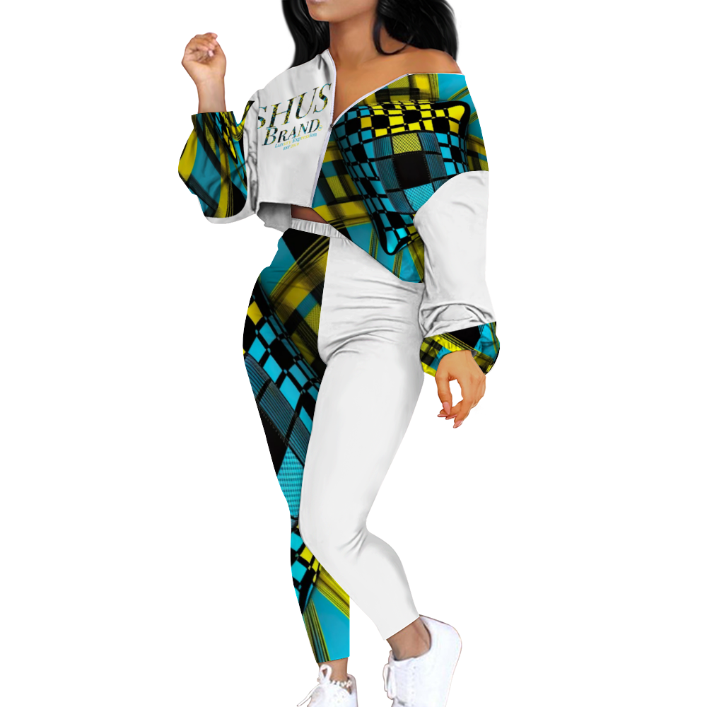 SHUS Brand luxury Women's Two Piece Outfits Long Sleeve Zipper Top and Trousers Set