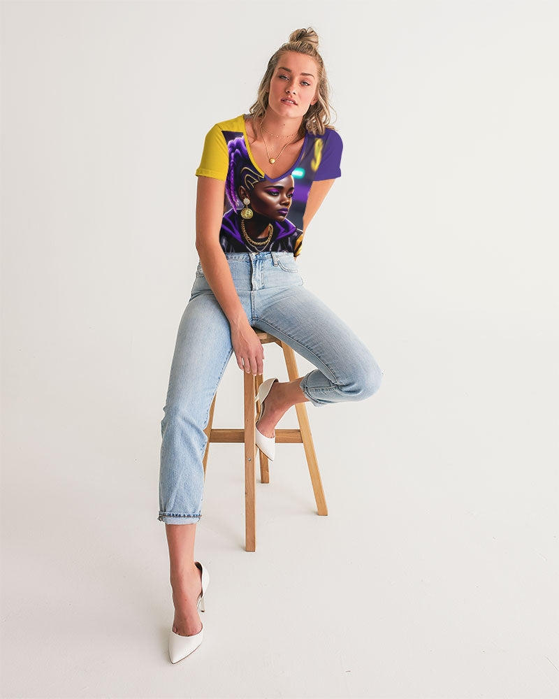 Bitcoin and The Lady in Purple Women's All-Over Print V-Neck Tee
