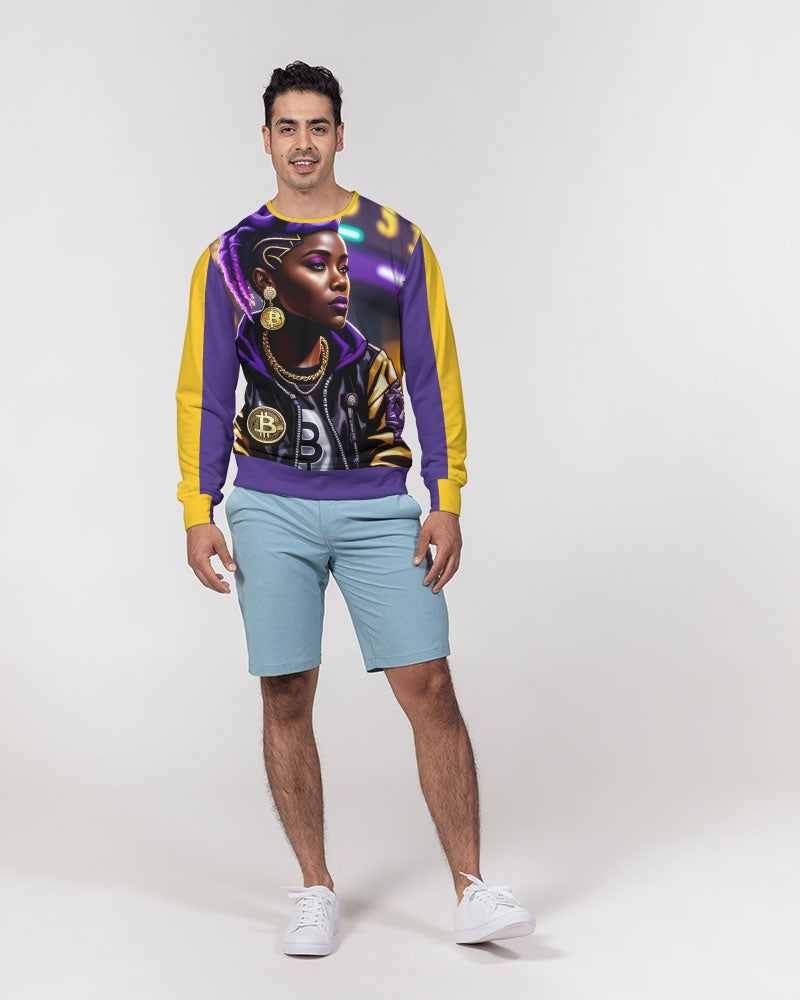 Bitcoin and The Lady in Purple Men's All-Over Print Classic French Terry Crewneck Pullover