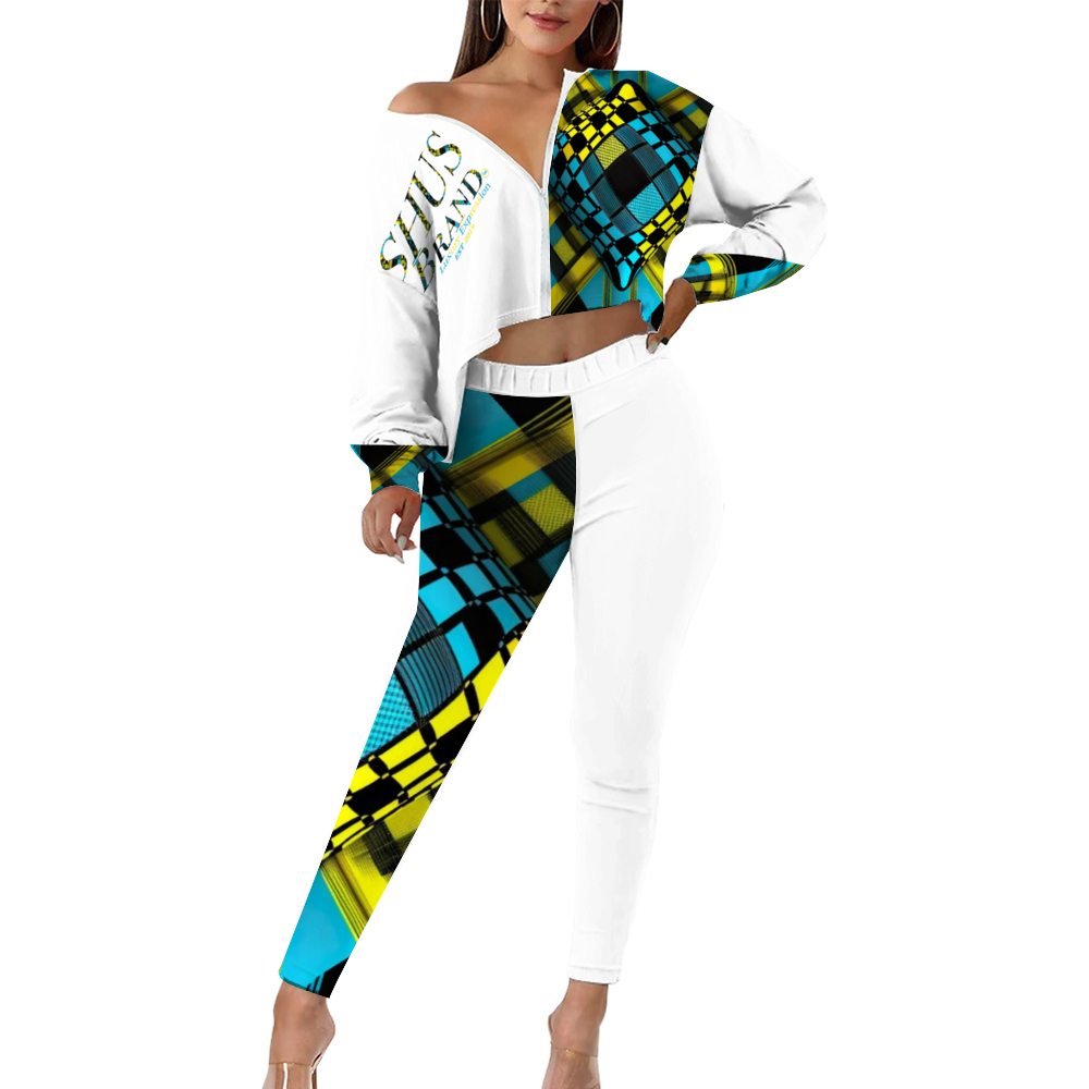SHUS Brand luxury Women's Two Piece Outfits Long Sleeve Zipper Top and Trousers Set