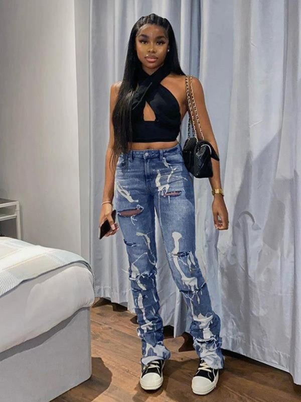 SHUS Brand Women's casual fashion trend abstract irregular print ripped jeans
