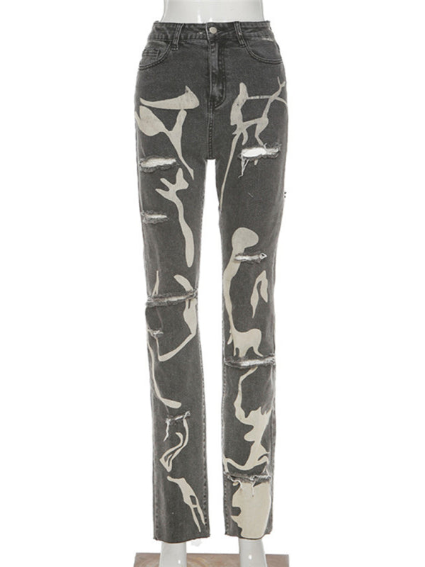 SHUS Brand Women's casual fashion trend abstract irregular print ripped jeans