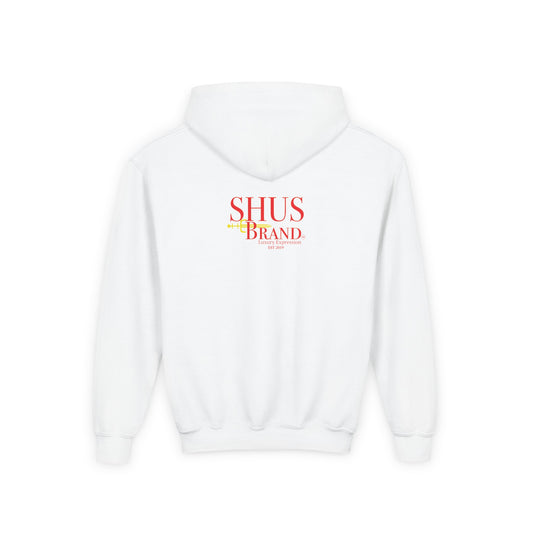 Youth Hoodie — Retro Abstract 'Shus Brand' Graphic Sweatshirt