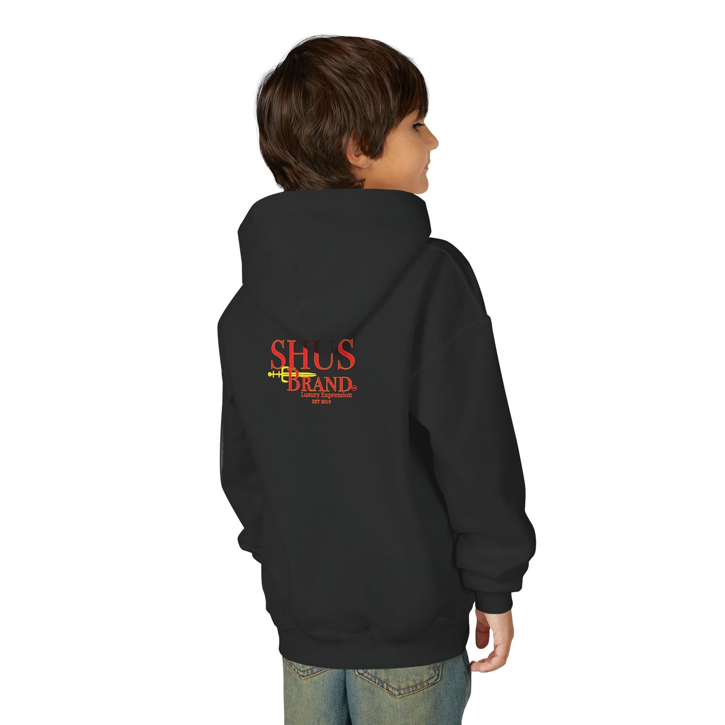 Youth Hoodie — Retro Abstract 'Shus Brand' Graphic Sweatshirt