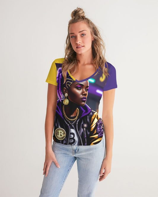 Bitcoin and The Lady in Purple  Women's All-Over Print V-Neck Tee