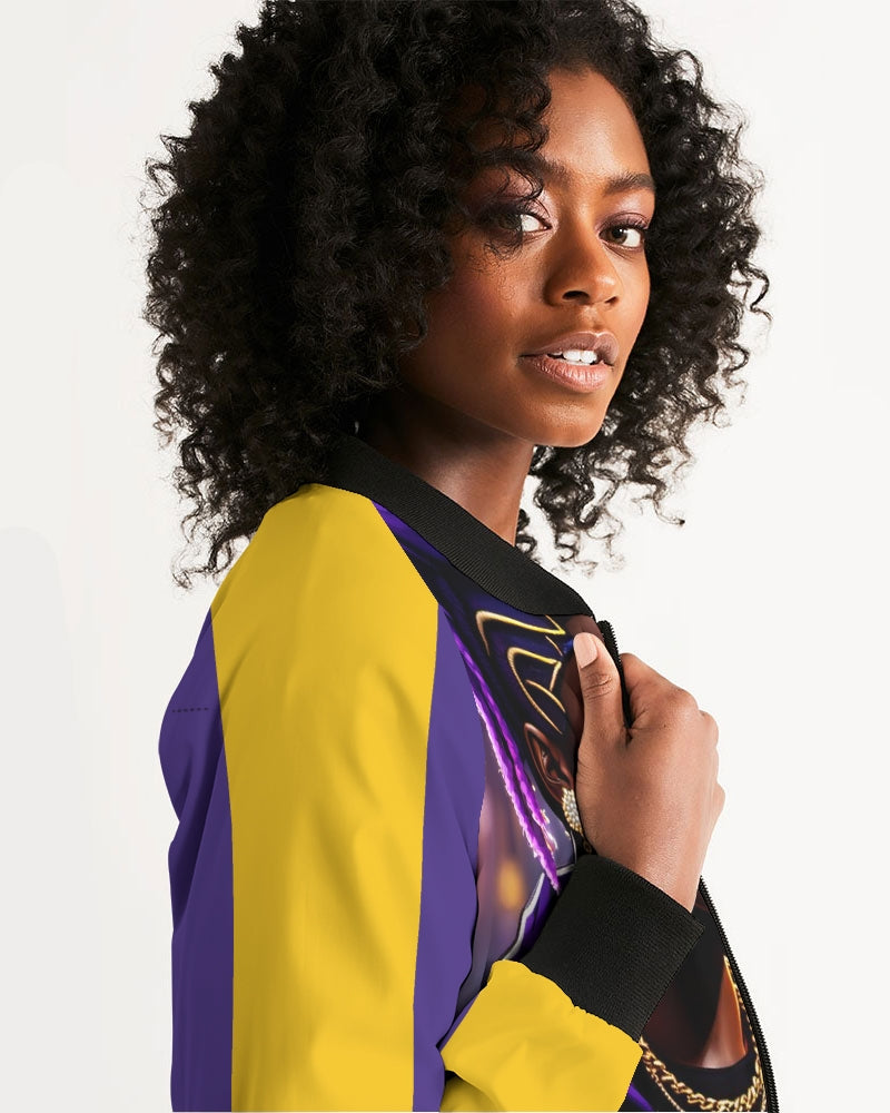 Bitcoin and The Lady in Purple  Women's All-Over Print Bomber Jacket