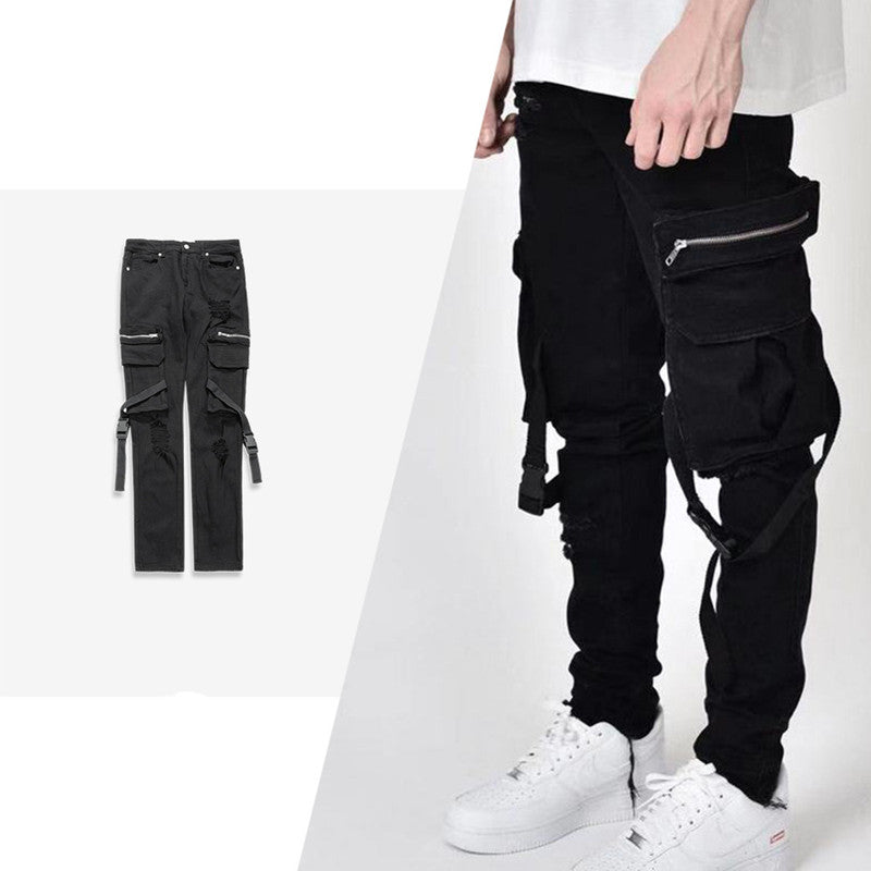 Pocket Buckle Streamer Functional Jeans