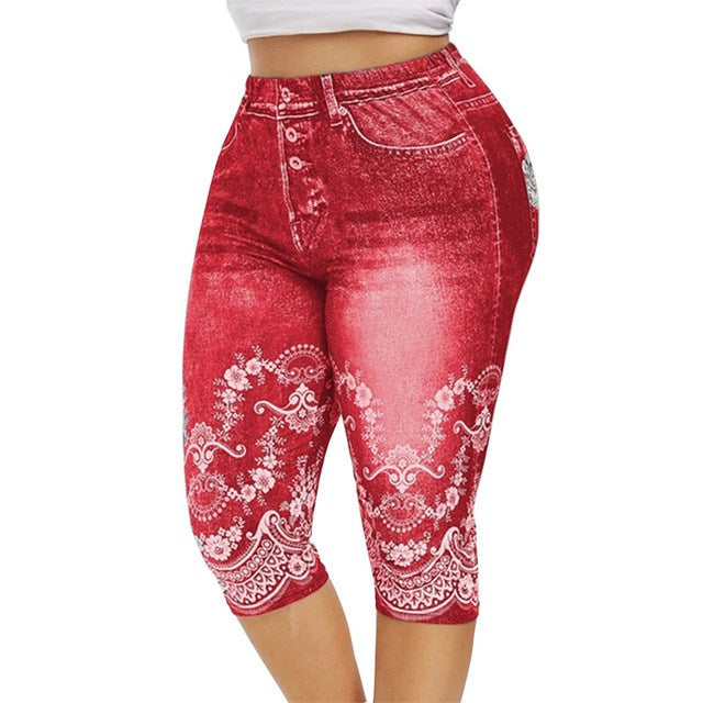 SHUS Brand Women Mid-Calf Leggings Imitate Jeans Printed Stretch