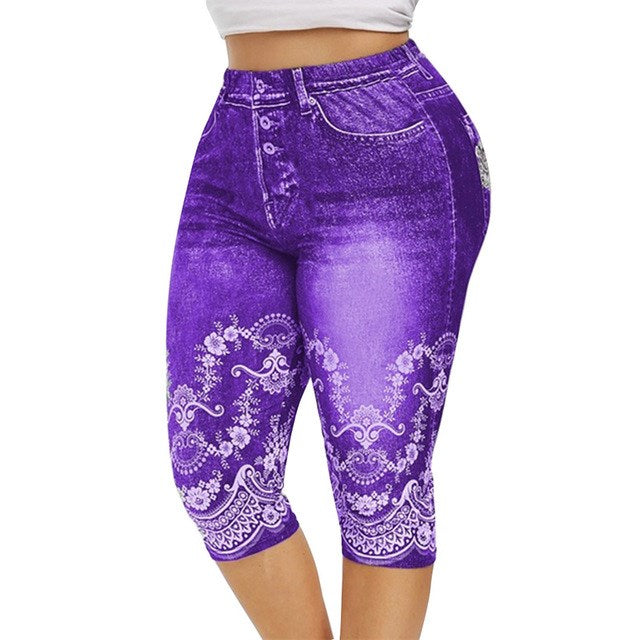 SHUS Brand Women Mid-Calf Leggings Imitate Jeans Printed Stretch