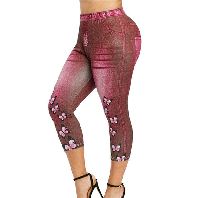 SHUS Brand Women Mid-Calf Leggings Imitate Jeans Printed Stretch