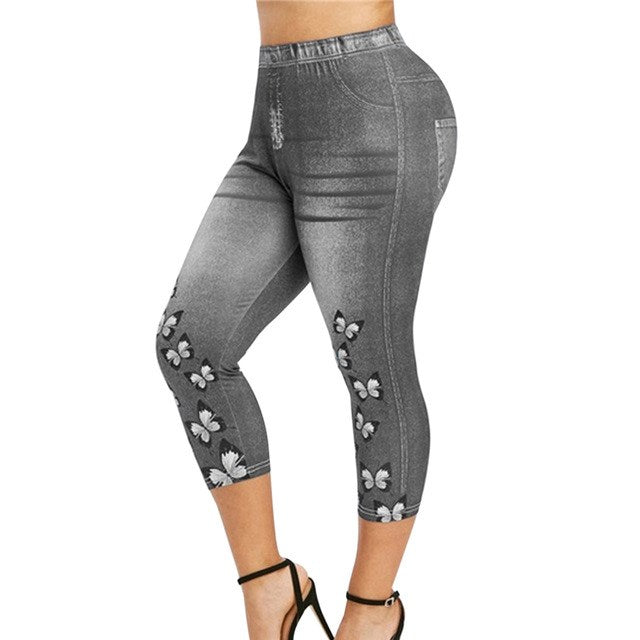 SHUS Brand Women Mid-Calf Leggings Imitate Jeans Printed Stretch