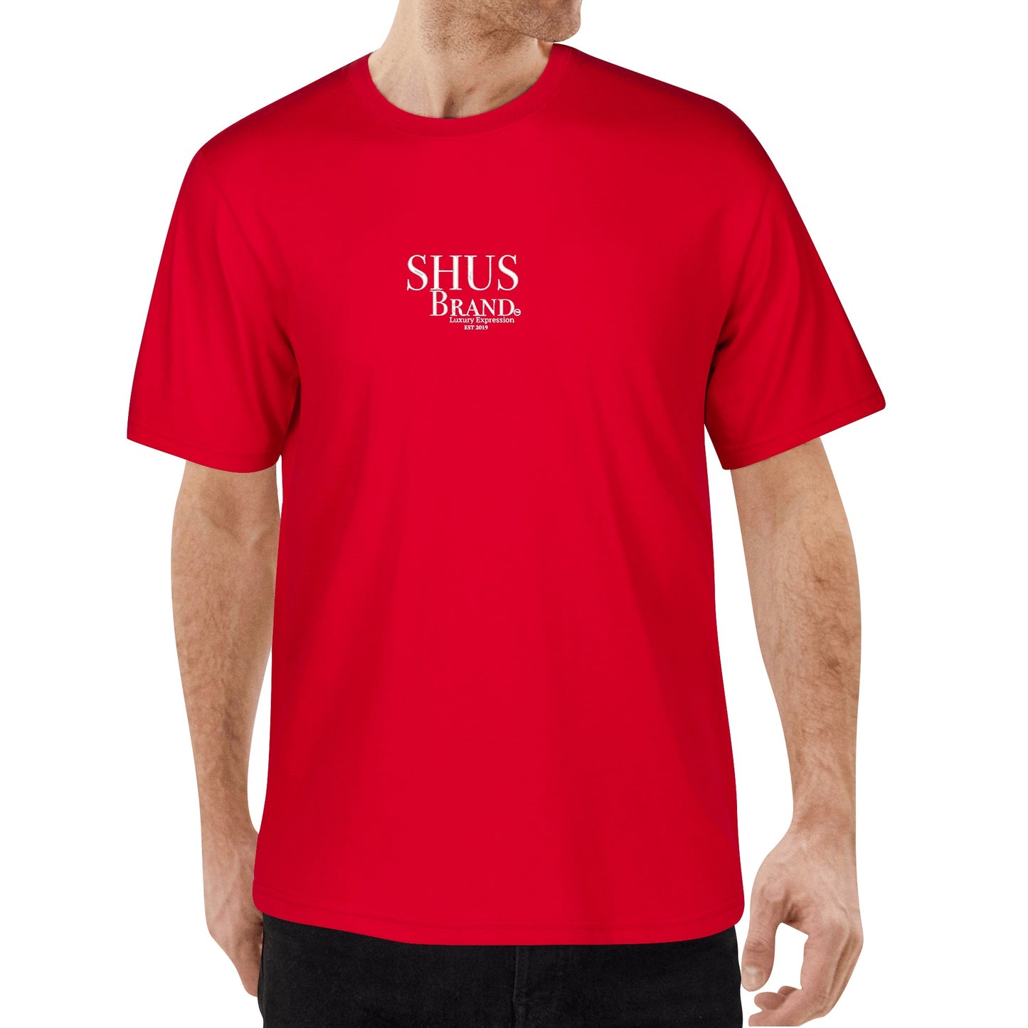 SHUS Brand Luxury Expression Embroidered Men's Cotton T shirt (Front Design)