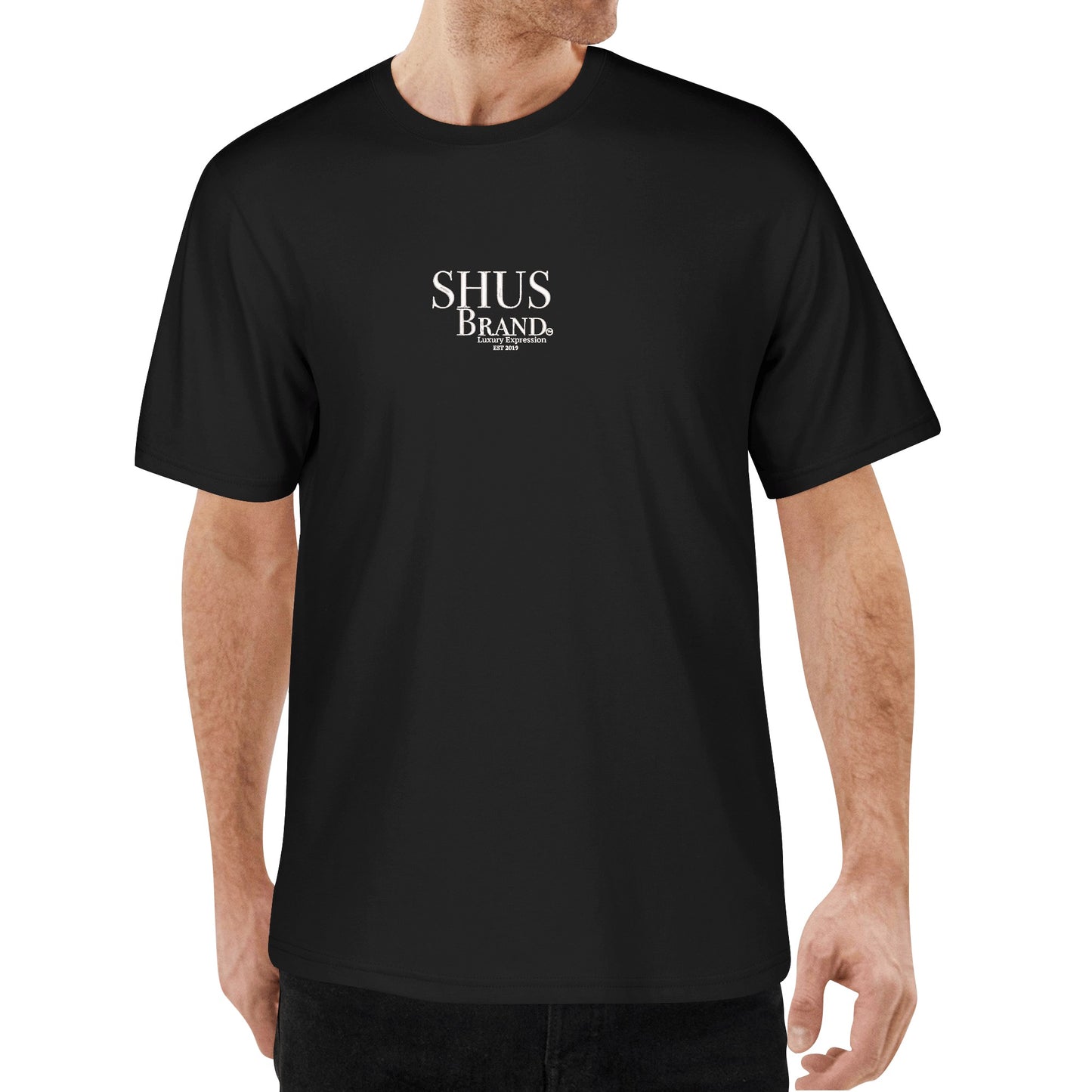 SHUS Brand Luxury Expression Embroidered Men's Cotton T shirt (Front Design)