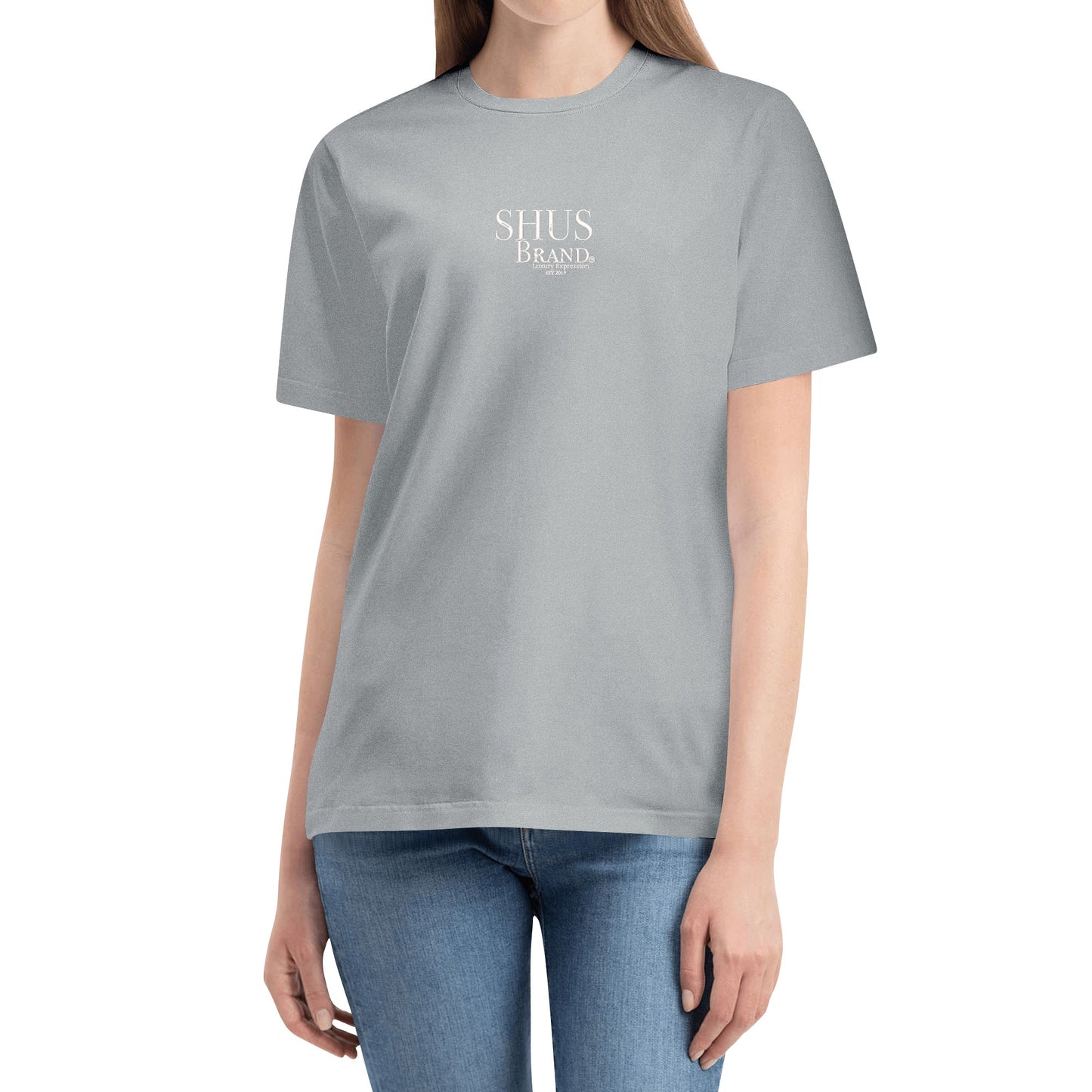 SHUS Brand Luxury Expression Embroidered Women's Cotton T shirt (Front Design)