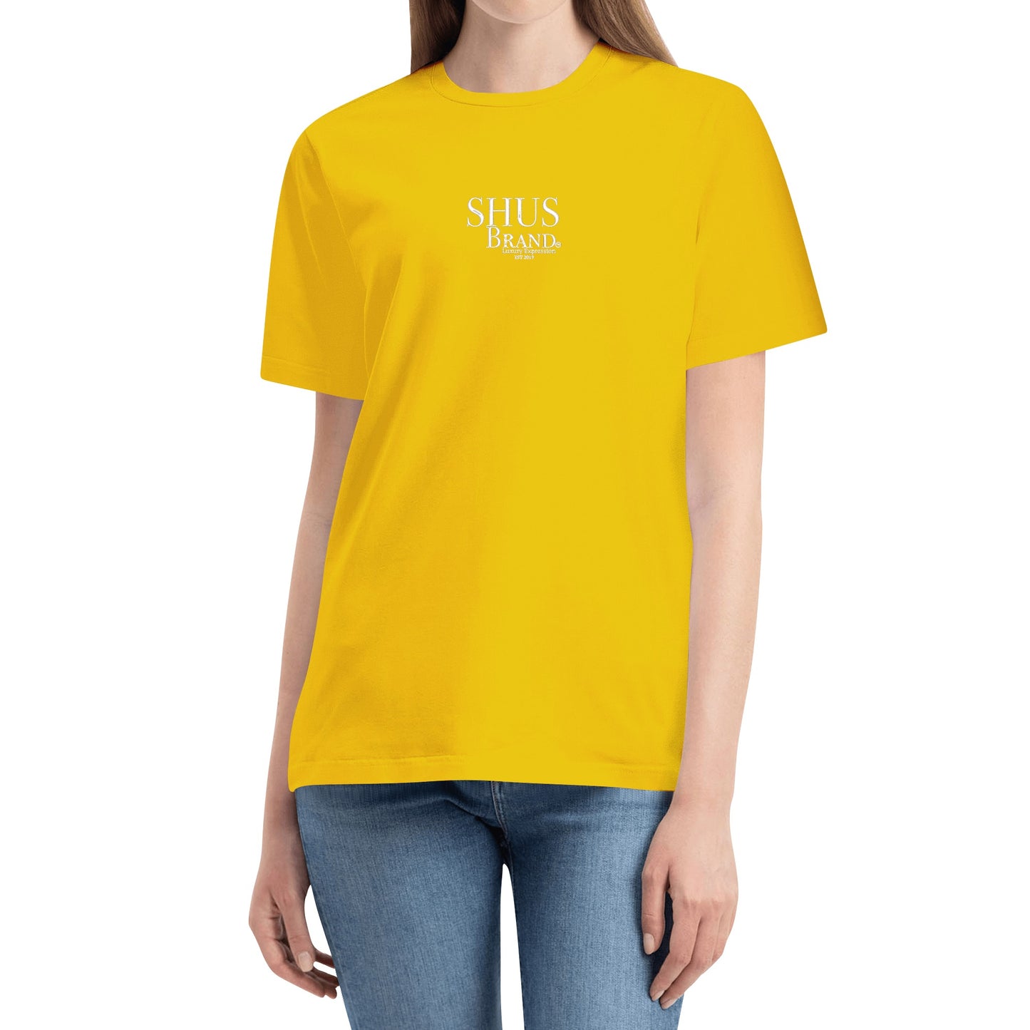 SHUS Brand Luxury Expression Embroidered Women's Cotton T shirt (Front Design)