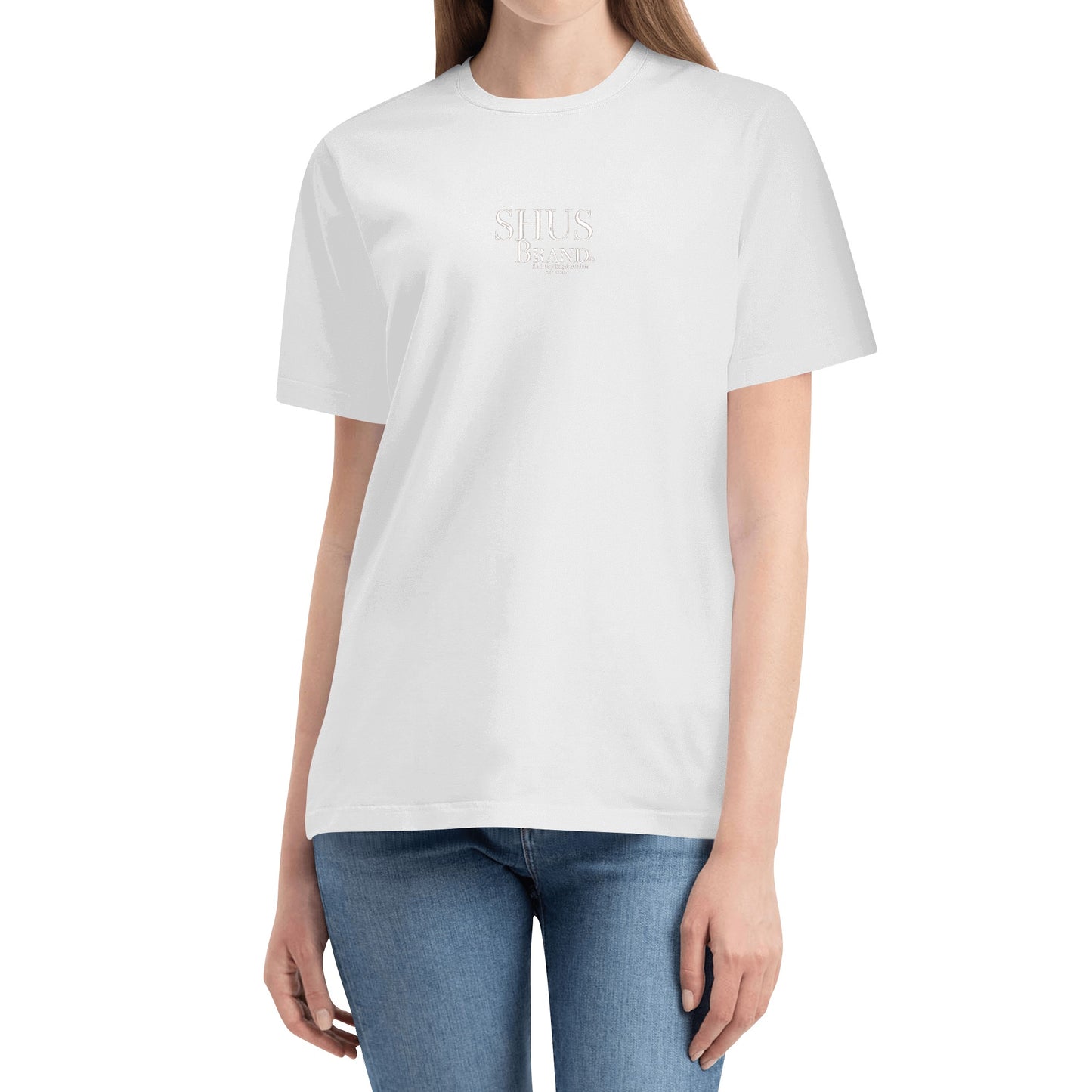 SHUS Brand Luxury Expression Embroidered Women's Cotton T shirt (Front Design)