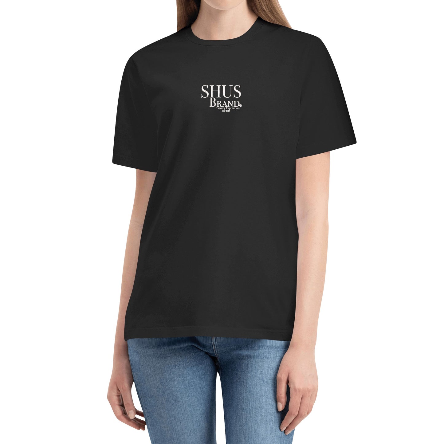 SHUS Brand Luxury Expression Embroidered Women's Cotton T shirt (Front Design)