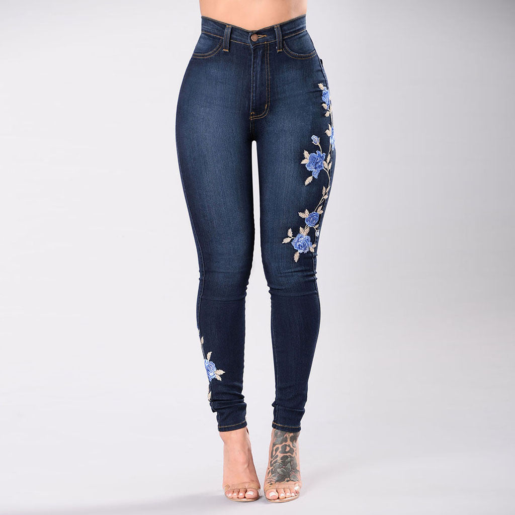 SHUS Brand luxury Blue Rose embroidered jeans