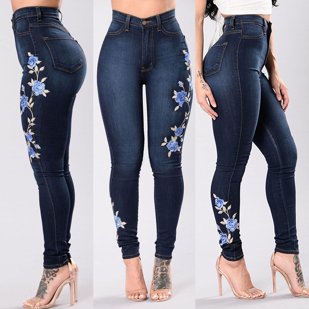 SHUS Brand luxury Blue Rose embroidered jeans