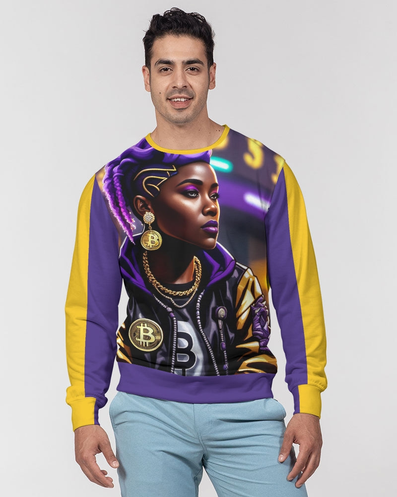 Bitcoin and The Lady in Purple  Men's All-Over Print Classic French Terry Crewneck Pullover