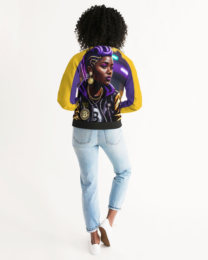 Bitcoin and The Lady in Purple  Women's All-Over Print Bomber Jacket