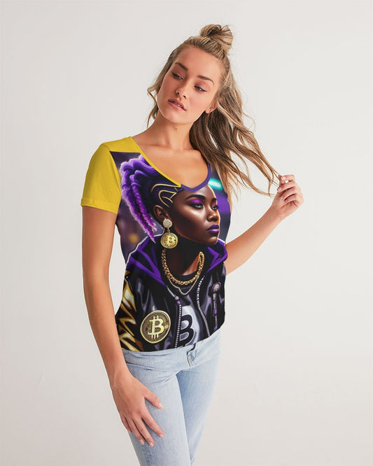 Bitcoin and The Lady in Purple  Women's All-Over Print V-Neck Tee