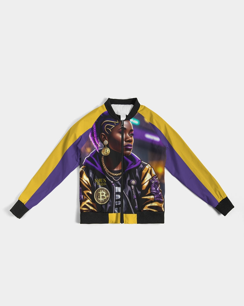 Bitcoin and The Lady in Purple  Women's All-Over Print Bomber Jacket