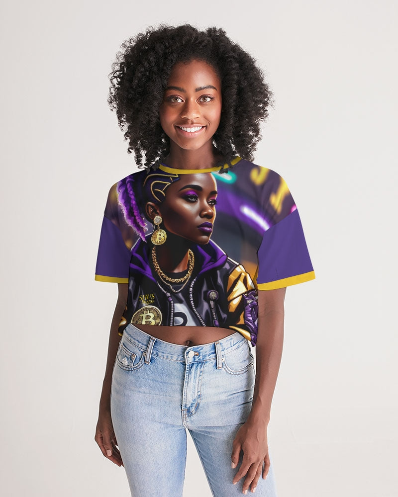 Bitcoin and The Lady in Purple  Women's All-Over Print Lounge Cropped Tee