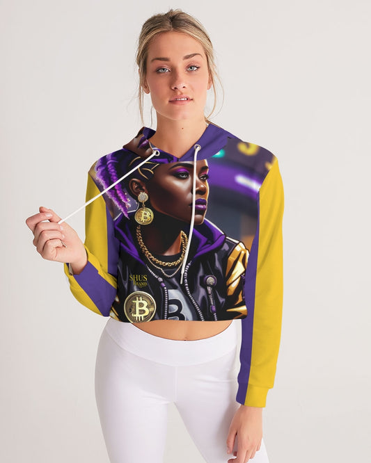 Bitcoin and The Lady in Purple  Women's All-Over Print Cropped Hoodie