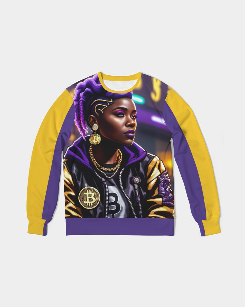 Bitcoin and The Lady in Purple  Men's All-Over Print Classic French Terry Crewneck Pullover