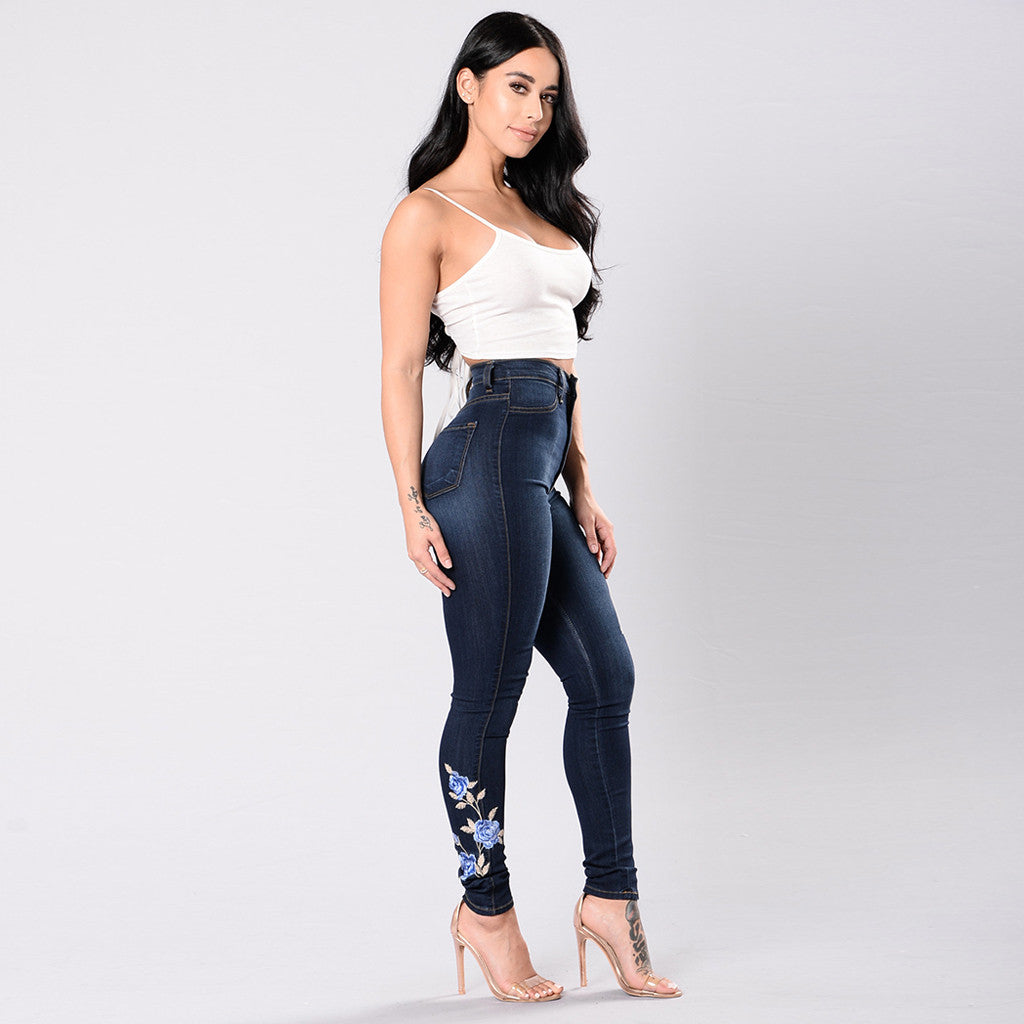 SHUS Brand luxury Blue Rose embroidered jeans