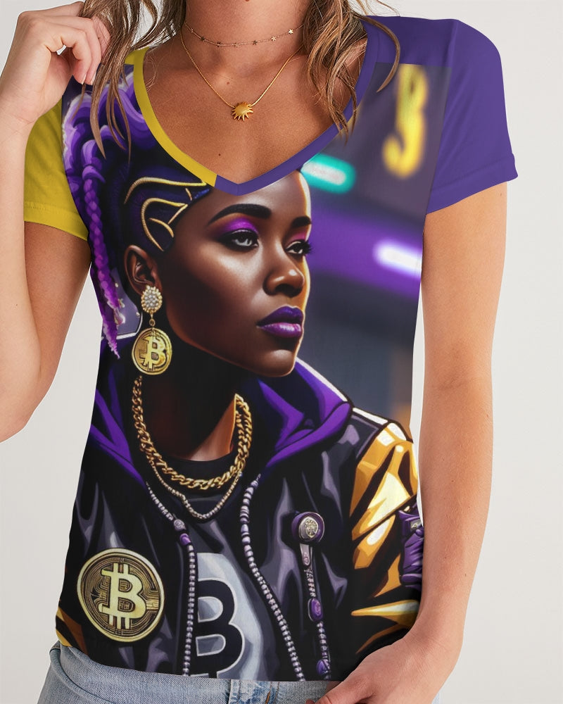 Bitcoin and The Lady in Purple  Women's All-Over Print V-Neck Tee