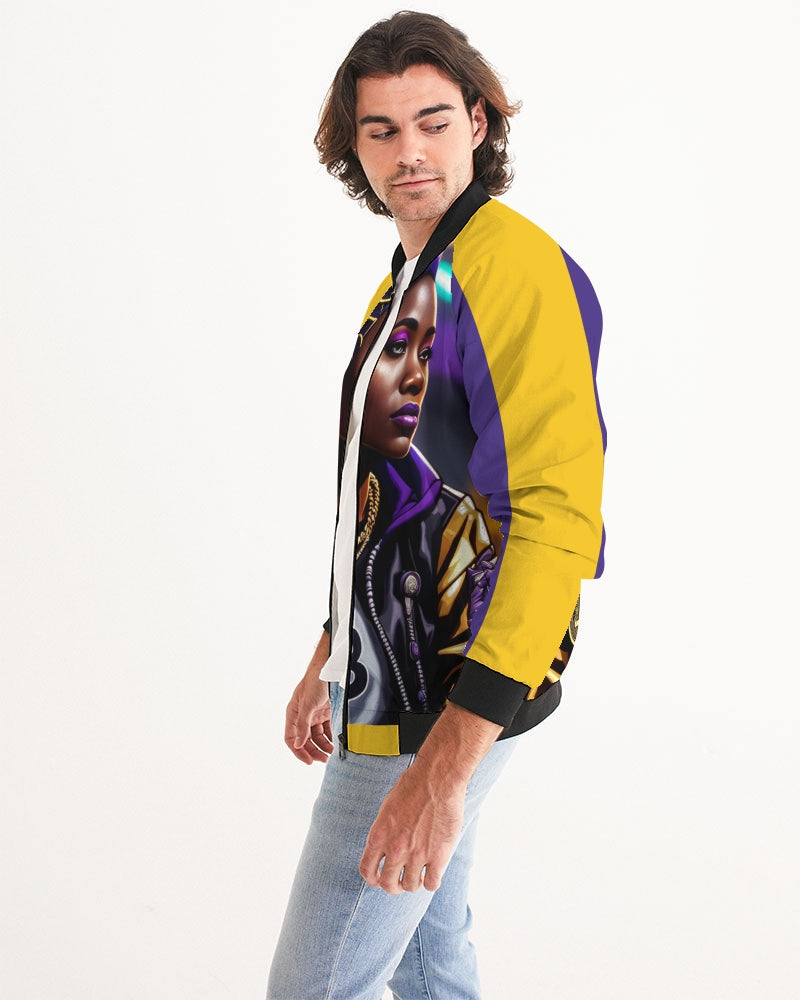 Bitcoin and The Lady in Purple  Men's All-Over Print Bomber Jacket