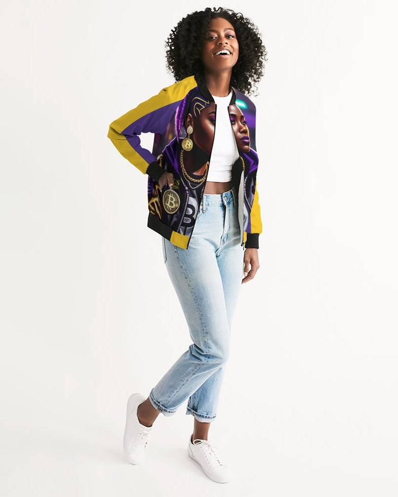 Bitcoin and The Lady in Purple  Women's All-Over Print Bomber Jacket