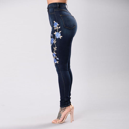 SHUS Brand luxury Blue Rose embroidered jeans