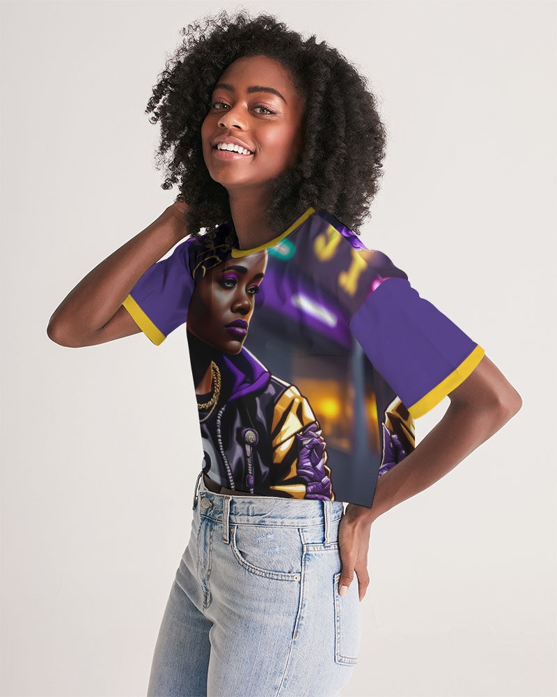 Bitcoin and The Lady in Purple  Women's All-Over Print Lounge Cropped Tee