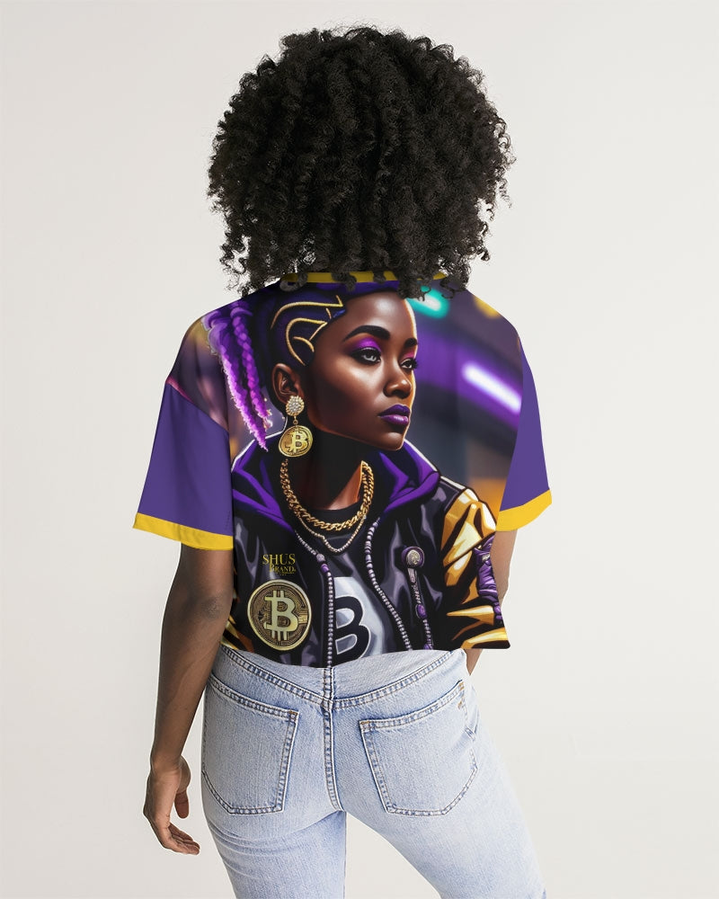 Bitcoin and The Lady in Purple  Women's All-Over Print Lounge Cropped Tee