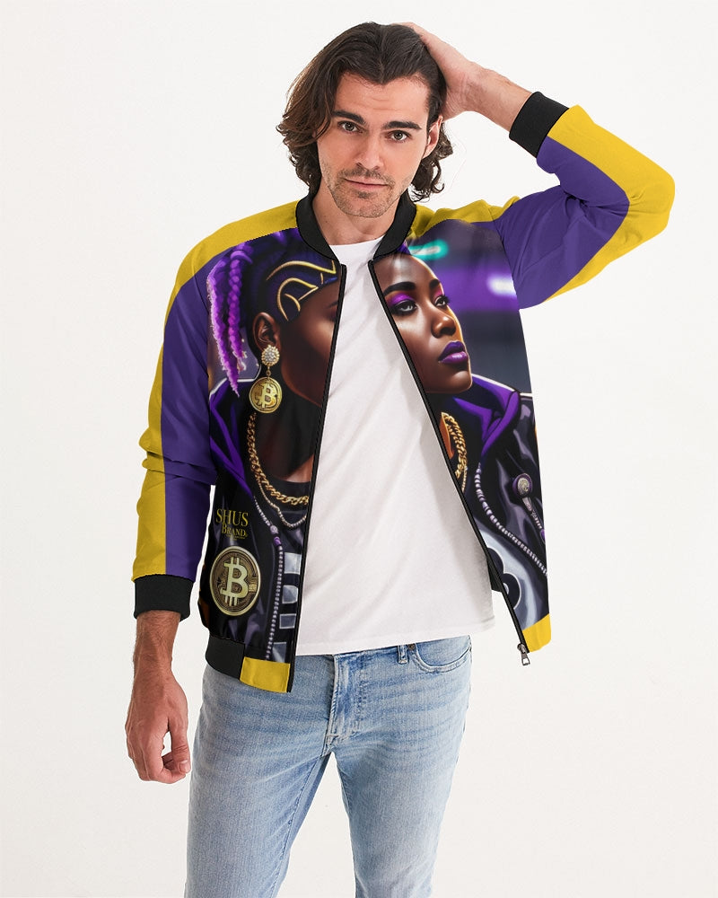 Bitcoin and The Lady in Purple  Men's All-Over Print Bomber Jacket