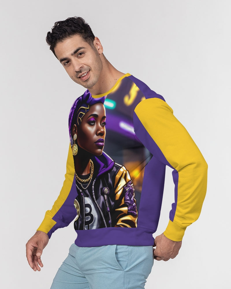 Bitcoin and The Lady in Purple  Men's All-Over Print Classic French Terry Crewneck Pullover