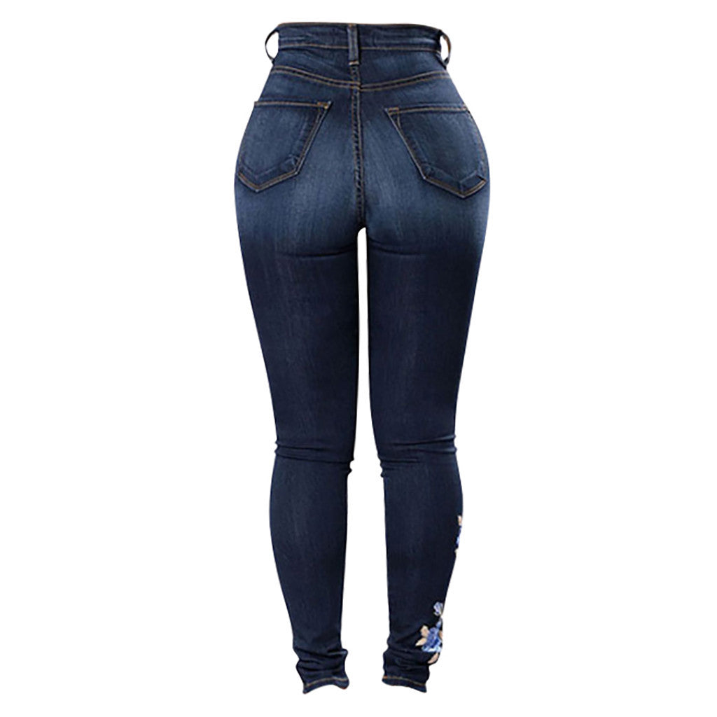 SHUS Brand luxury Blue Rose embroidered jeans