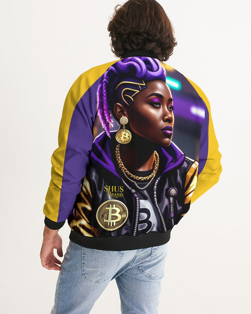 Bitcoin and The Lady in Purple  Men's All-Over Print Bomber Jacket