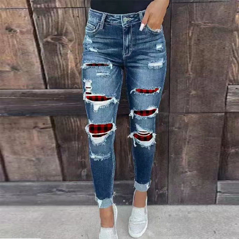 Women's Rip Distressed Lined With Plaid Print Curvy Fit Skinny Jeans