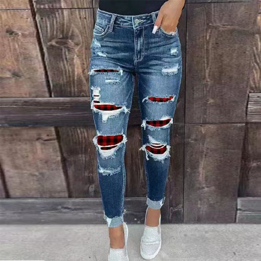 Women's Rip Distressed Lined With Plaid Print Curvy Fit Skinny Jeans