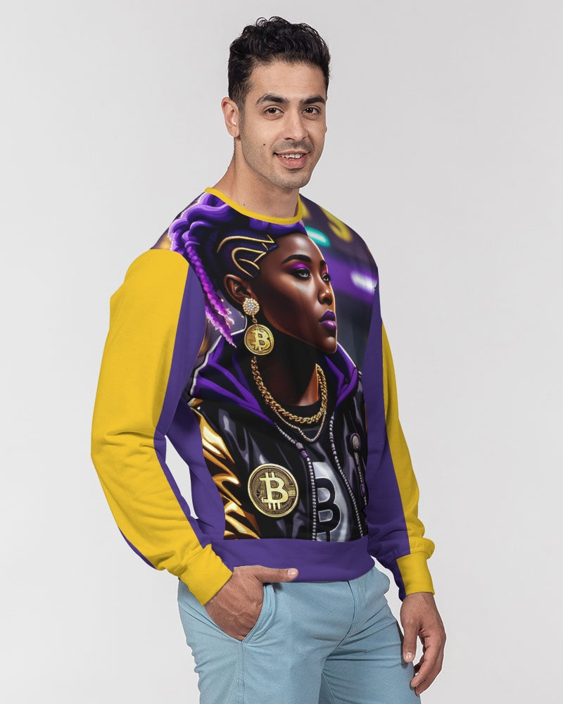 Bitcoin and The Lady in Purple  Men's All-Over Print Classic French Terry Crewneck Pullover