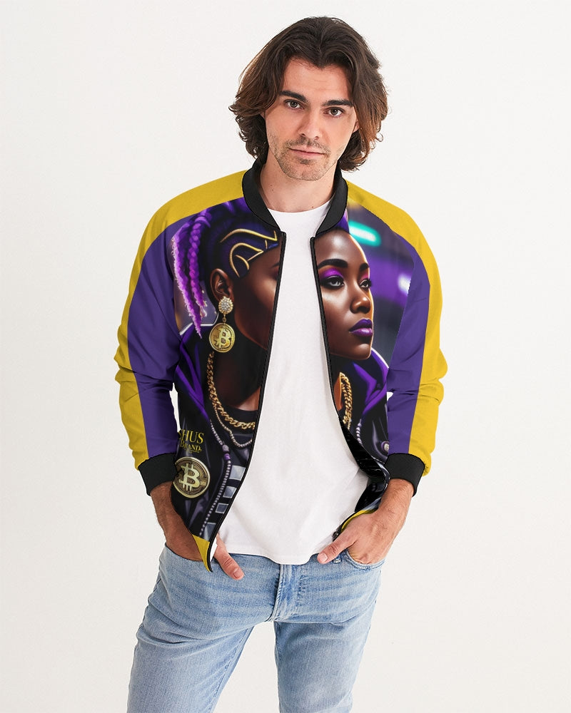 Bitcoin and The Lady in Purple  Men's All-Over Print Bomber Jacket