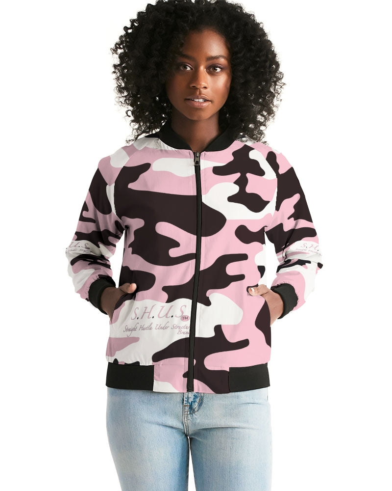 SHUS Brand Pink & Ready Camo Women's luxury Bomber Jacket