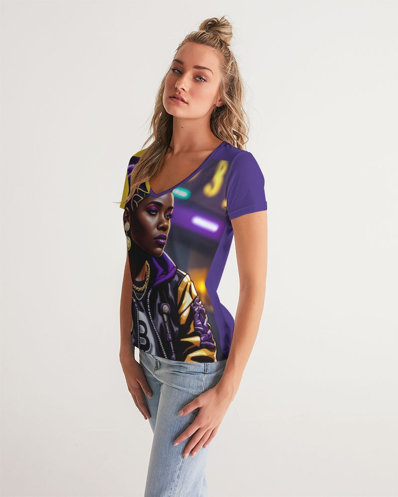 Bitcoin and The Lady in Purple  Women's All-Over Print V-Neck Tee